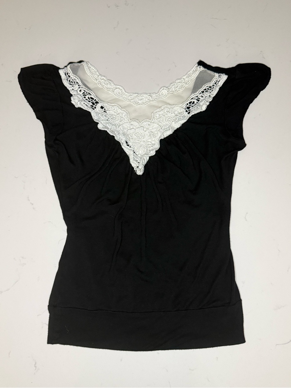 Y2K Wet Seal Fitted Black Lace-Trim Cap Sleeve Top